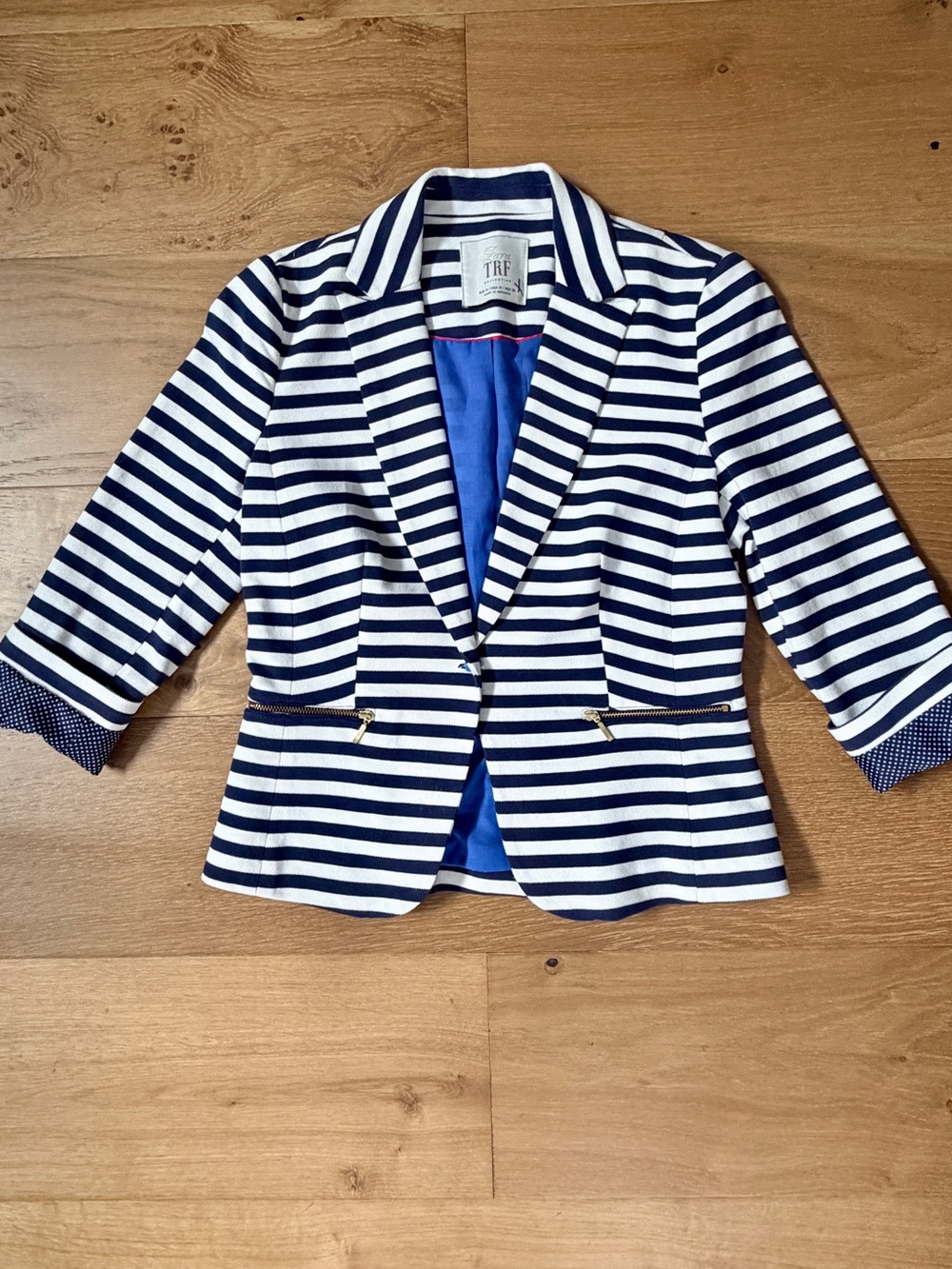 Zara TRF Collection Blazer Navy White Stripe Knit Gold Zip Pockets M Coastalcore